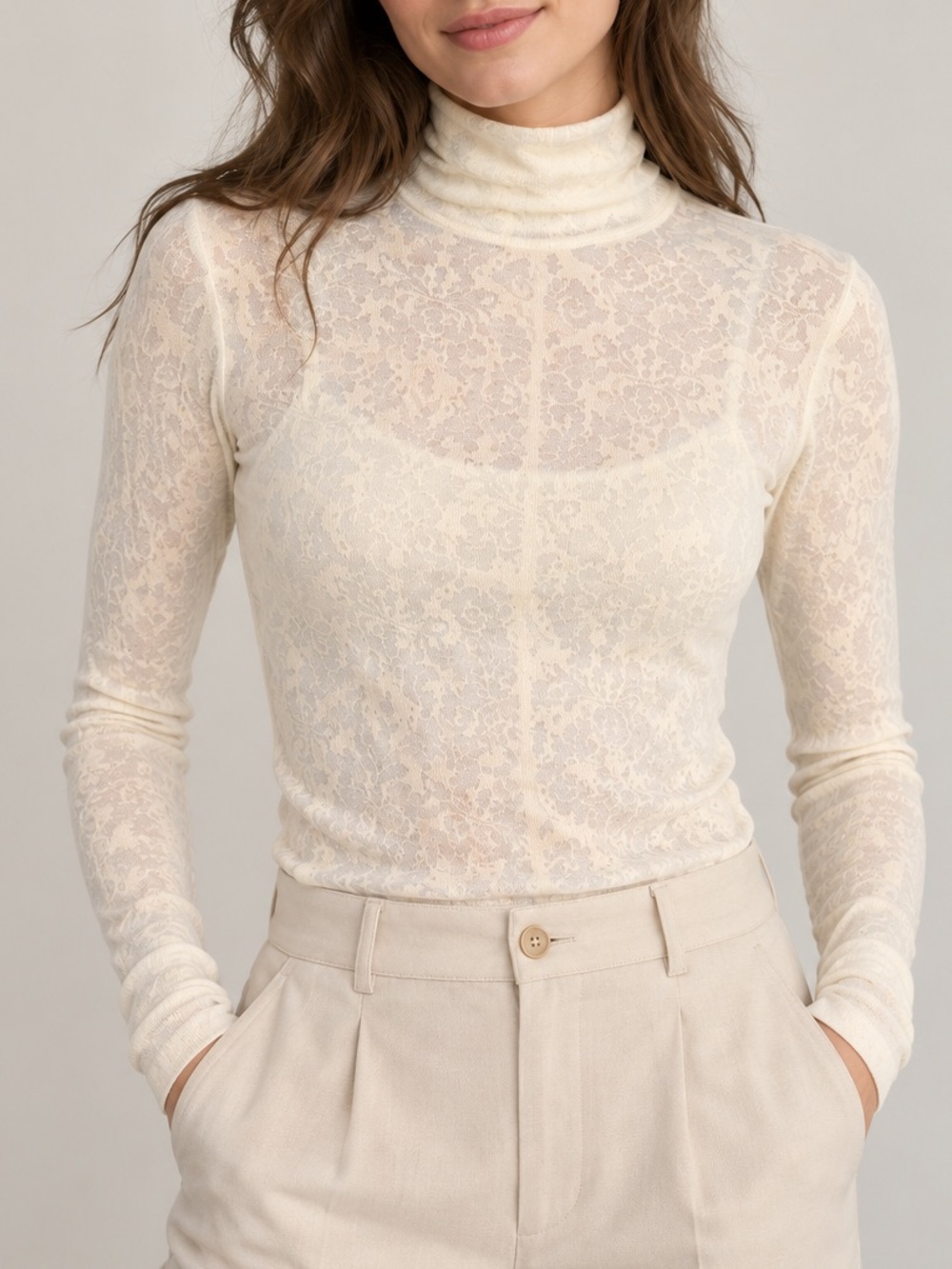 Free People Cream Sheer Lace Turtleneck Long-Sleeve Top